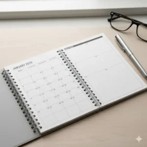 Full-page monthly calendar view for January 2026 hourly planner, useful for scheduling big events alongside the planner details.