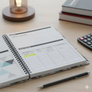 An illustration focusing on the dedicated grade tracking section within a comprehensive high school planner to help monitor academic progress.