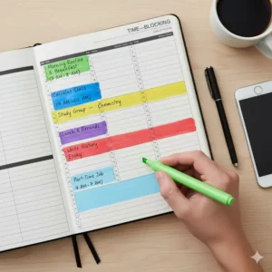 A visual example of the time-blocking technique demonstrated in a daily planner, maximizing productivity for college students using best planners for college students.