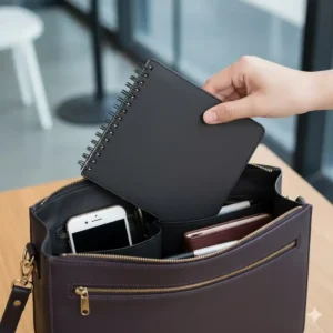 A compact, spiral-bound two year monthly planner being placed into a handbag or briefcase, highlighting its portable and convenient size.