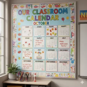 Bright, colorful classroom bulletin board featuring the 36 x 24 calendar for monthly lesson planning.