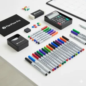 Image of the included accessories like markers and eraser for the 4 month dry erase calendar.