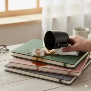 Demonstrating the durability of a hard cover planners resisting small spills and general wear and tear.