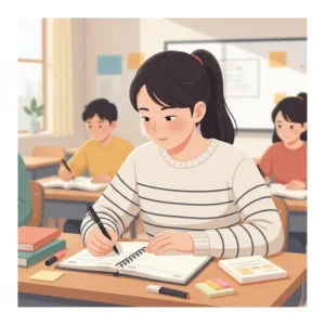 A student jotting down quick class notes or high school planner reminders immediately after a lecture in class to keep their organization up-to-date.