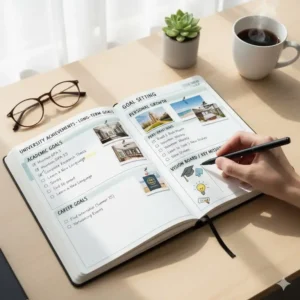 A motivational spread in a planner detailing long-term goal setting and tracking sections, specifically designed for university students, a feature of best planners for college students.