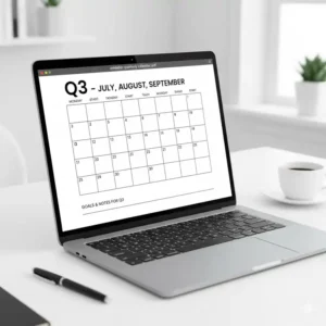 Digital preview of a downloadable and printable Quarterly Wall Calendar template (PDF format).