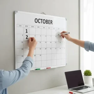 Undated monthly view of the reusable 36 x 24 calendar being filled out for the current month.