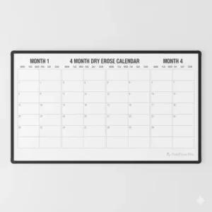 A full view of the customizable grid structure of the 4 month dry erase calendar board.