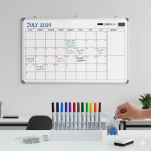 Included accessories like colorful markers and an eraser shown next to the 24 x 36 dry erase calendar board.