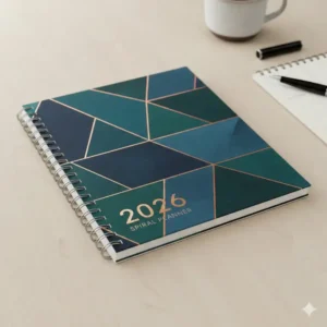 View of the convenient inner back pocket of the 2026 spiral planner for storing loose papers and notes.