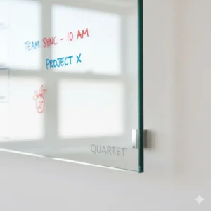 Detail shot of the frameless, modern design of the glass quartet whiteboard calendar, highlighting its sleek edges.