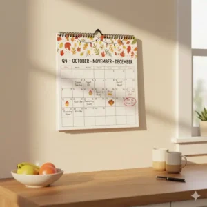 Spiral-bound Quarterly Wall Calendar hanging in a kitchen, used for family event tracking and organization.