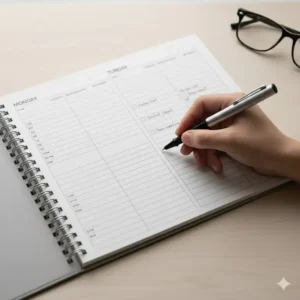 A hand writing appointments and tasks into the 2026 hourly planner, demonstrating how to effectively use the daily schedule section.