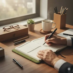 Lifestyle image of someone writing in their hard cover planners at an organized wooden desk.