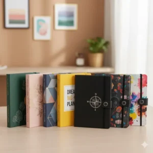 A display of several different color and design options for the cover of the two year monthly planner, emphasizing variety and style.