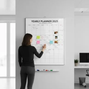 Scale image of a person next to the wall-mounted 36 x 24 calendar to show its large size.