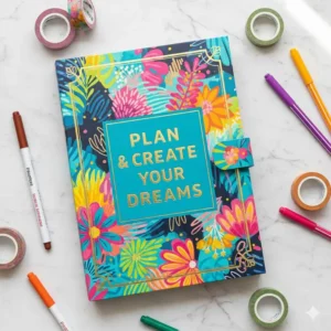 The vibrant, artistic cover design of a colorful planner with a gold foil title and geometric patterns.