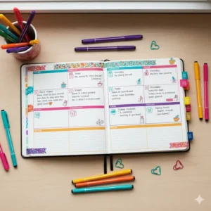 A weekly view in a colorful planner spread, filled in with different colored pens to organize appointments and schedule.