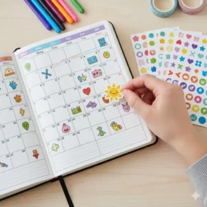 A hand adding a brightly colored icon sticker to the monthly calendar section of the colorful planner.