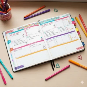A dedicated page inside the colorful planner used for tracking long-term goals and habits, highlighted with colorful markers.