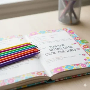 Close-up shot of a set of colorful pens resting on an open colorful planner with inspirational quotes.