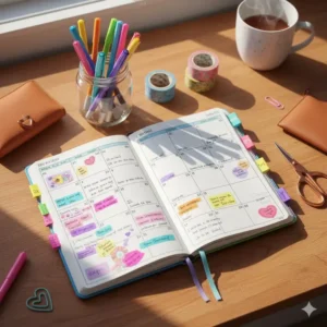A stylish flat lay of a colorful planner on a wooden desk surrounded by other accessories like highlighters and washi tape.