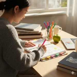 Close-up shot of a set of colorful pens resting on an open colorful planner with inspirational quotes.