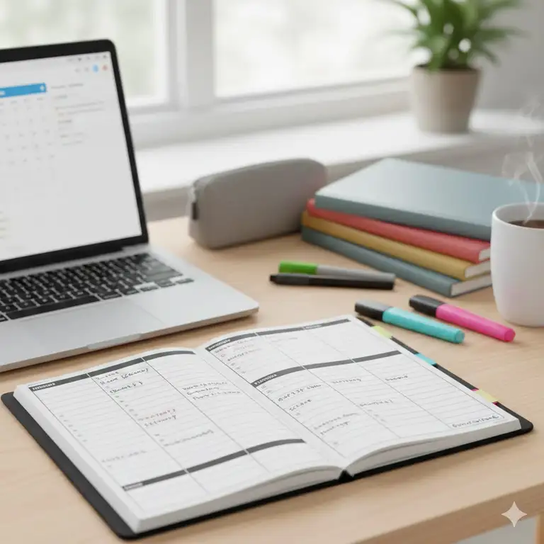 Image 1 (Featured): A high-quality student planner with subjects displayed on a desk with a laptop and stationery.