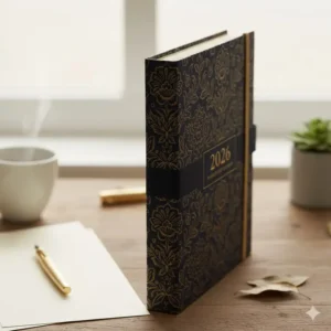 Close-up of the high-quality stitching and durable spine of a 2026 hardcover planner.