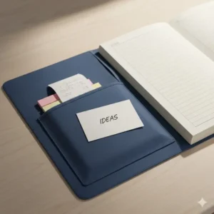 Close-up of the internal storage folder inside a 2026 planner with pockets for receipts.