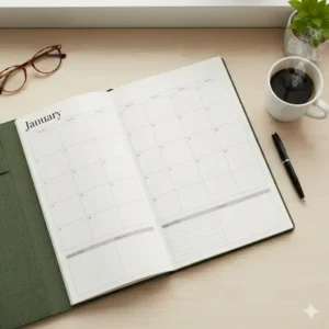 The two-page, open calendar spread of the monthly planner big, clearly showing the ample space for writing and planning.