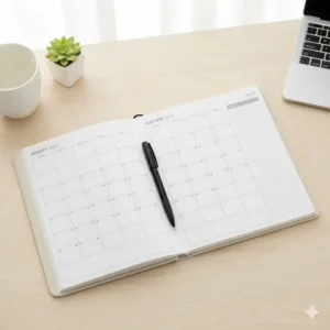 A two-page monthly spread of the 2026 12 month planner with large spaces for appointments and a dedicated notes section.