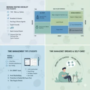 Visual checklist illustrating a structured morning routine as part of the daily agenda for students schedule.