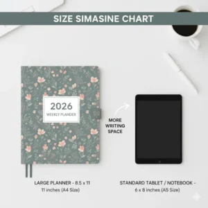 A detailed size comparison infographic between standard sizes and large planners 2026 for scale.