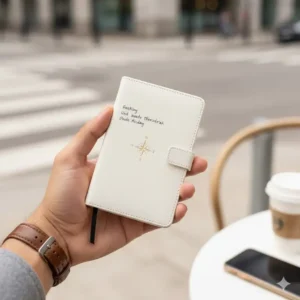 A hand holding a very small calendar planner showing its perfect, portable pocket size for people on the go.