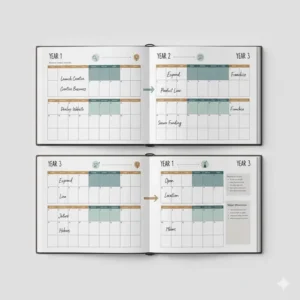 Detailed three-year planner open to the annual overview page, showing yearly goals and major milestones.