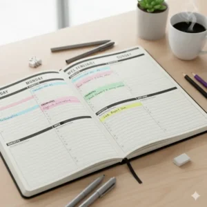 Image 2 (Illus 1): A detailed weekly spread in a student planner with subjects showing dedicated columns for different classes.