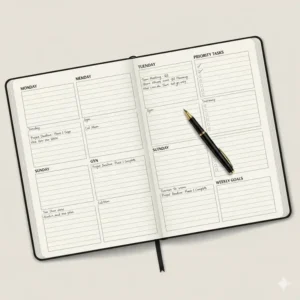 Close-up of the weekly spread in the large 2026 planner, featuring ample space for daily notes, appointments, and to-do lists.