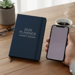 Side-by-side view showing the compact dimensions of the small planner 2026 next to a smartphone for easy size comparison.