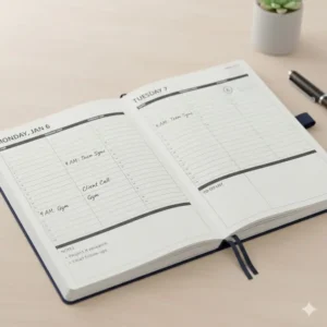 Detailed weekly view of a 2026 appointment planner showing hourly time slots and a notes section.