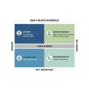 Diagram of a block scheduling template that students can use to organize their daily agenda for students into focused blocks.