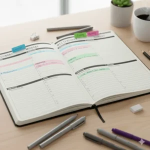 Image 3 (Illus 2): Close-up of a color-coded student planner with subjects using tabs and highlights for organization.