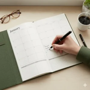 A close-up view of a hand writing notes inside the monthly planner big, demonstrating its actual useful size and scale.