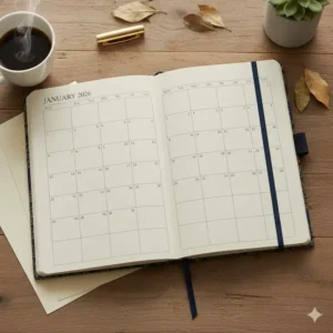 Interior view of a 2026 hardcover planner showing a spacious monthly calendar layout.