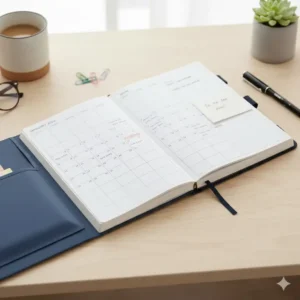 Open view of a monthly calendar spread in a 2026 planner with pockets for organization.