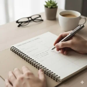 Close-up shot of a person writing a long-term goal in a three-year planner section dedicated to future planning and tracking.