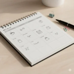 Close-up of a small calendar planner's weekly view layout, highlighting the daily sections for efficient task management.