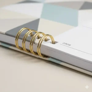 Close-up view of a durable golden twin-wire spiral binding on one of our large planners 2026.