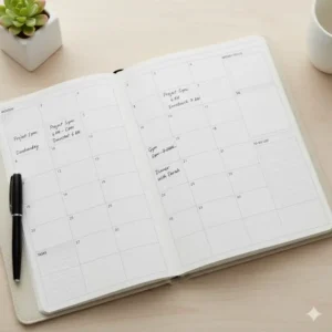 Detailed weekly layout in the 2026 12 month planner featuring hourly slots for time blocking and task management.