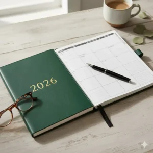 The full two-page monthly calendar view inside the large 2026 planner, showing clear dates and a dedicated sidebar for monthly goals.